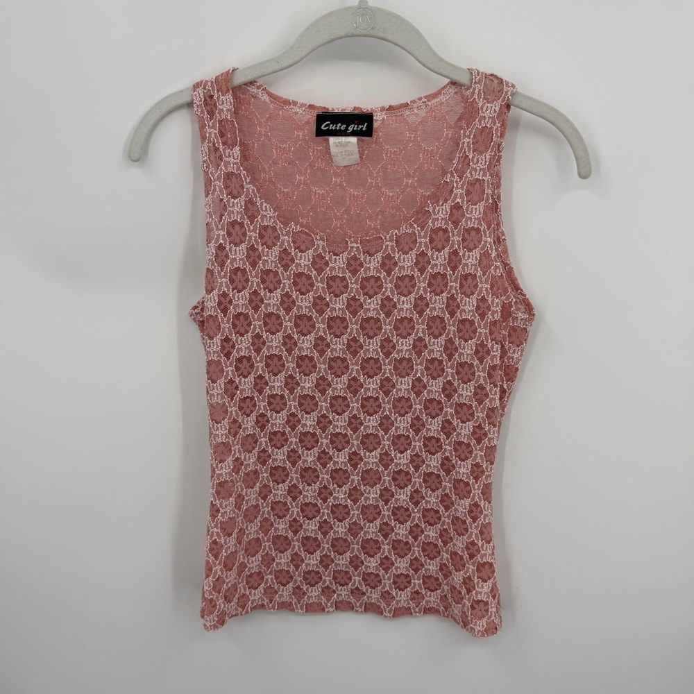 Vintage Y2K Cute girl made in USA‎ pink lace tank top sz M